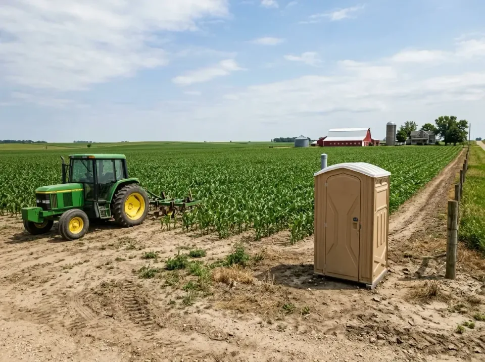 Portable Toilet — Agricultural Setting — Portable Toilet, Farm Tractor, Corn Field, Agricultural Setting, Portable Toilet Re…